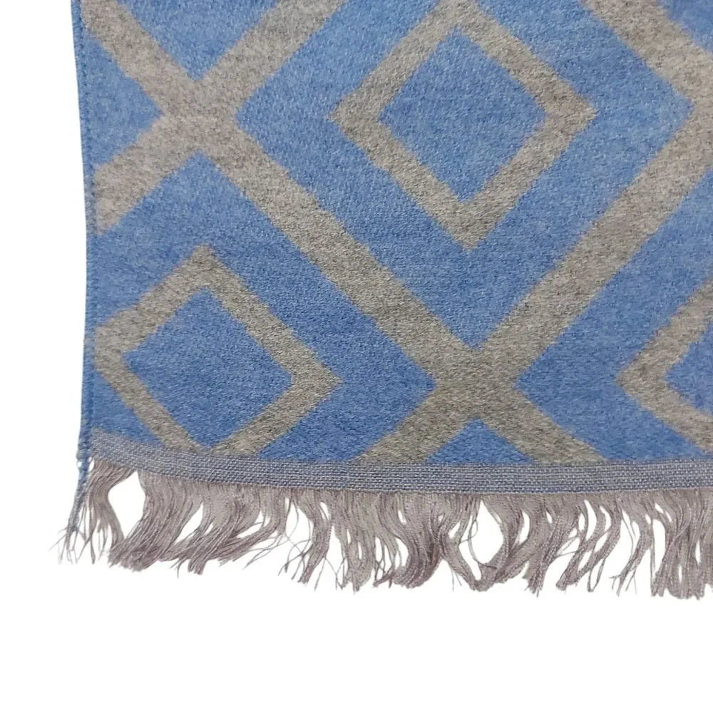 Miniso Life Diamond Plaid Scarf Wrap Blue Gray Fringed 80x28in Soft Fabric